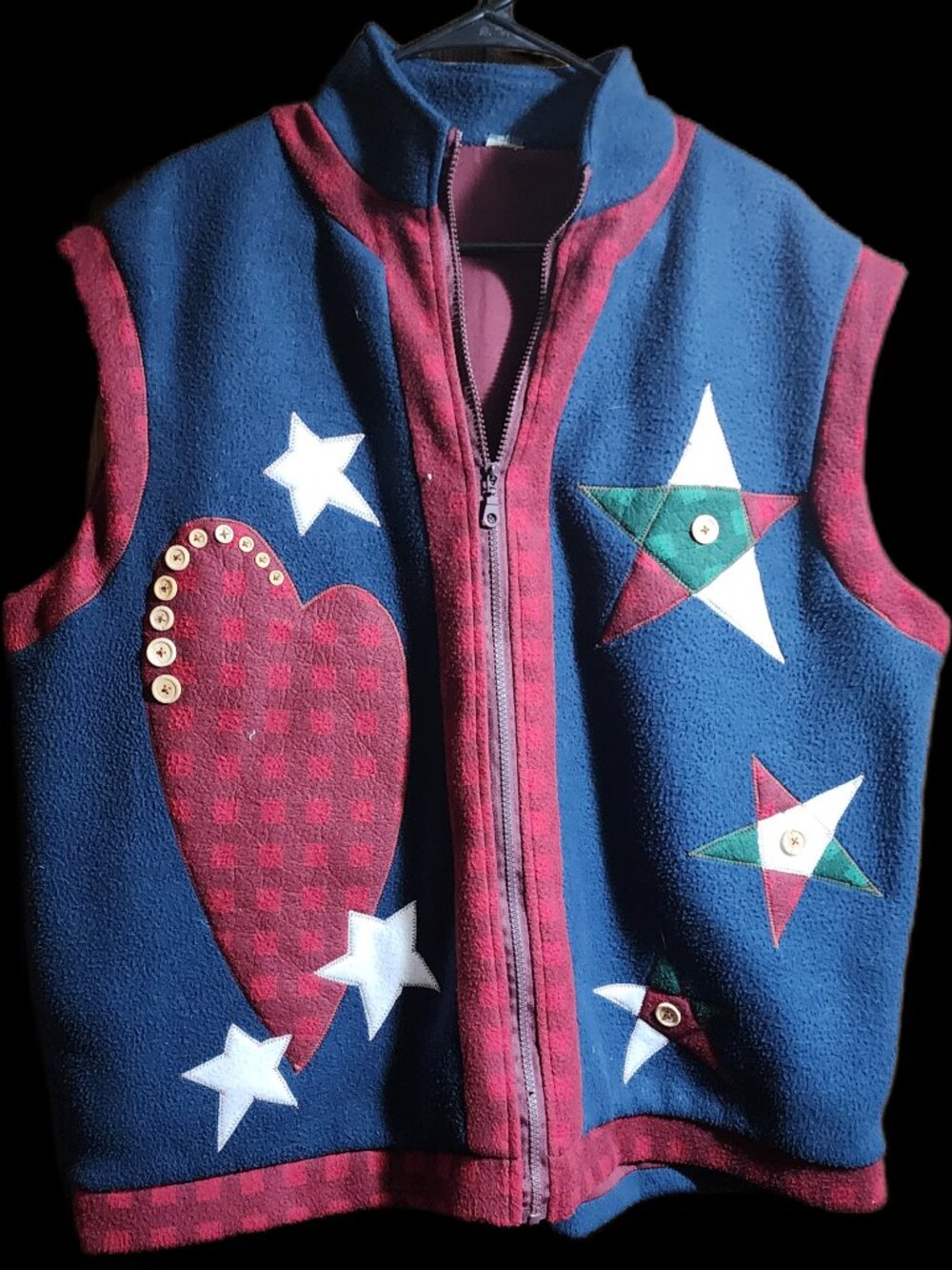 Vintage Blue Fleece Zip-Up Vest Red Plaid Trim Quilted Stars Heart Button Accent